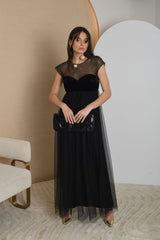 FOR RENT - Black Sheer Overlay Evening Gown with Velvet Bodice