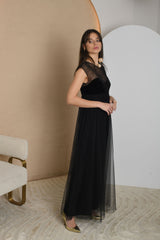 FOR RENT - Black Sheer Overlay Evening Gown with Velvet Bodice
