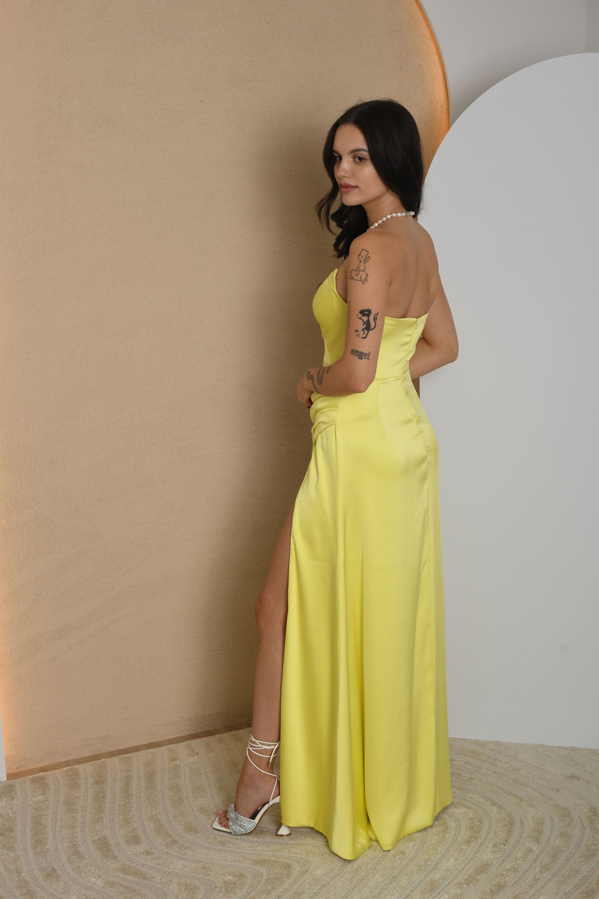 FOR RENT - Lemon Satin Gown with Sweetheart Neckline and High Slit