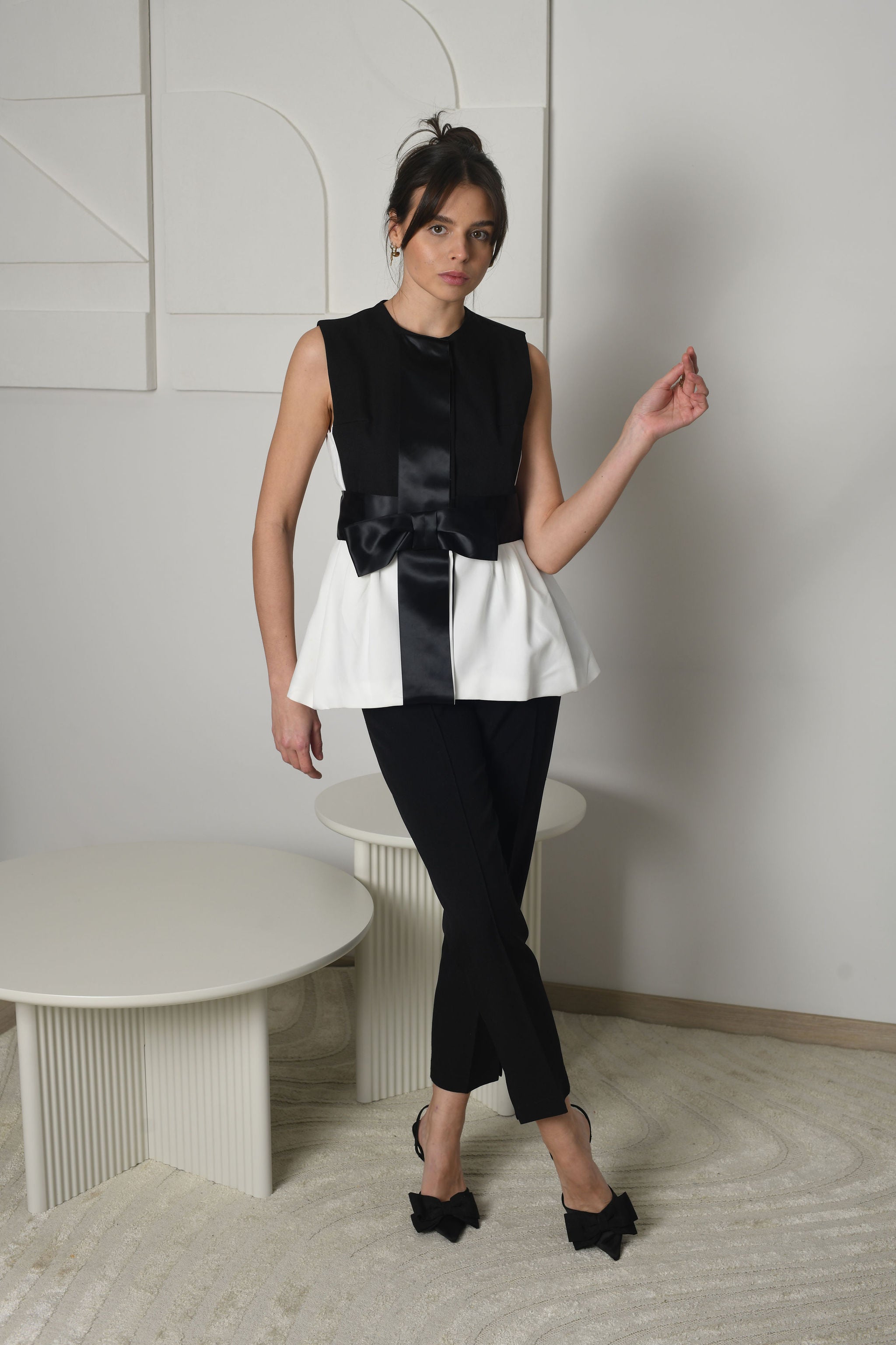 FOR RENT - Noir & Blanc Peplum Bow Suit with Satin Detailing