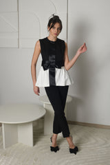FOR RENT - Noir & Blanc Peplum Bow Suit with Satin Detailing