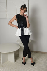 FOR RENT - Noir & Blanc Peplum Bow Suit with Satin Detailing
