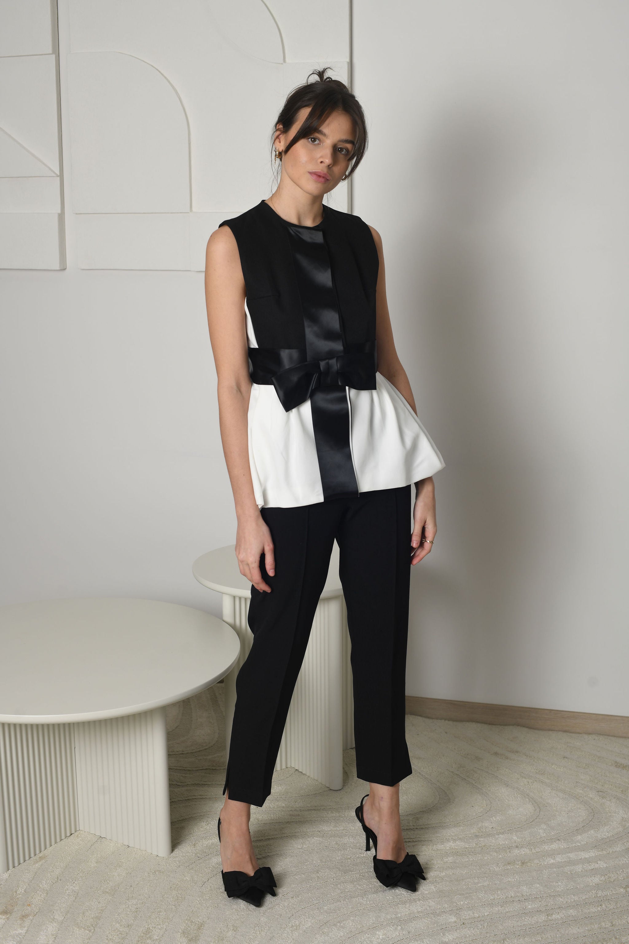 FOR RENT - Noir & Blanc Peplum Bow Suit with Satin Detailing