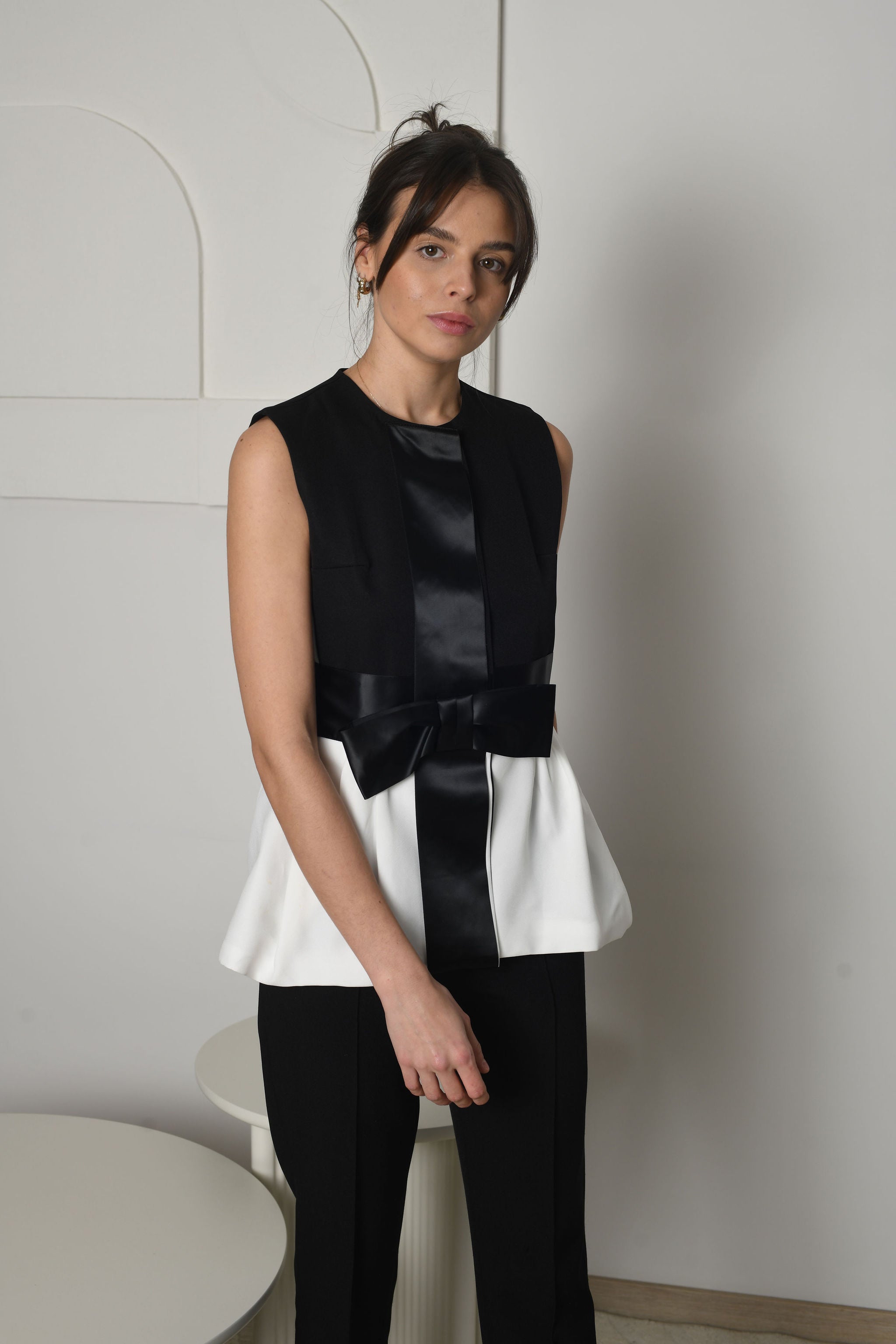 FOR RENT - Noir & Blanc Peplum Bow Suit with Satin Detailing