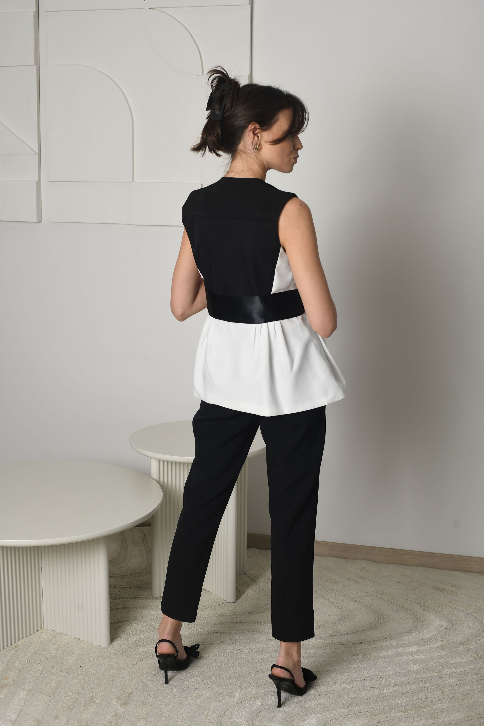 FOR RENT - Noir & Blanc Peplum Bow Suit with Satin Detailing