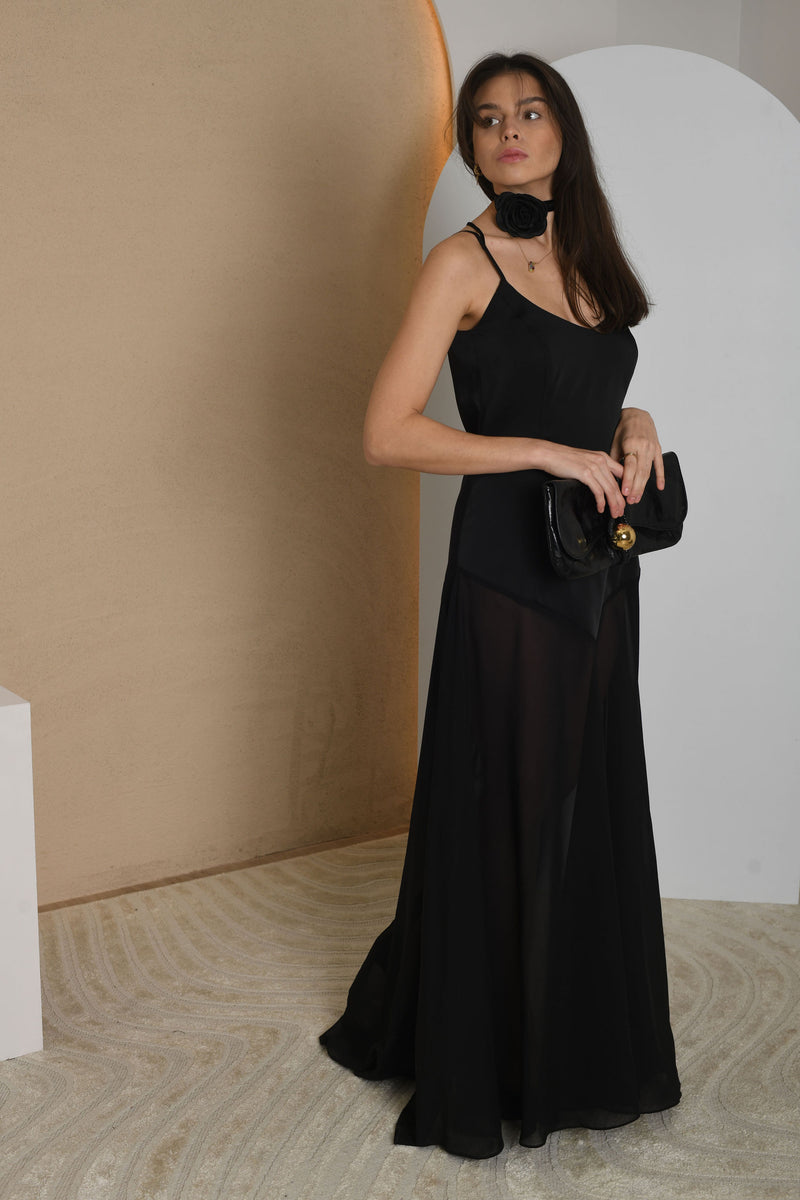 FOR RENT Black Satin Maxi Dress with Sheer Chiffon