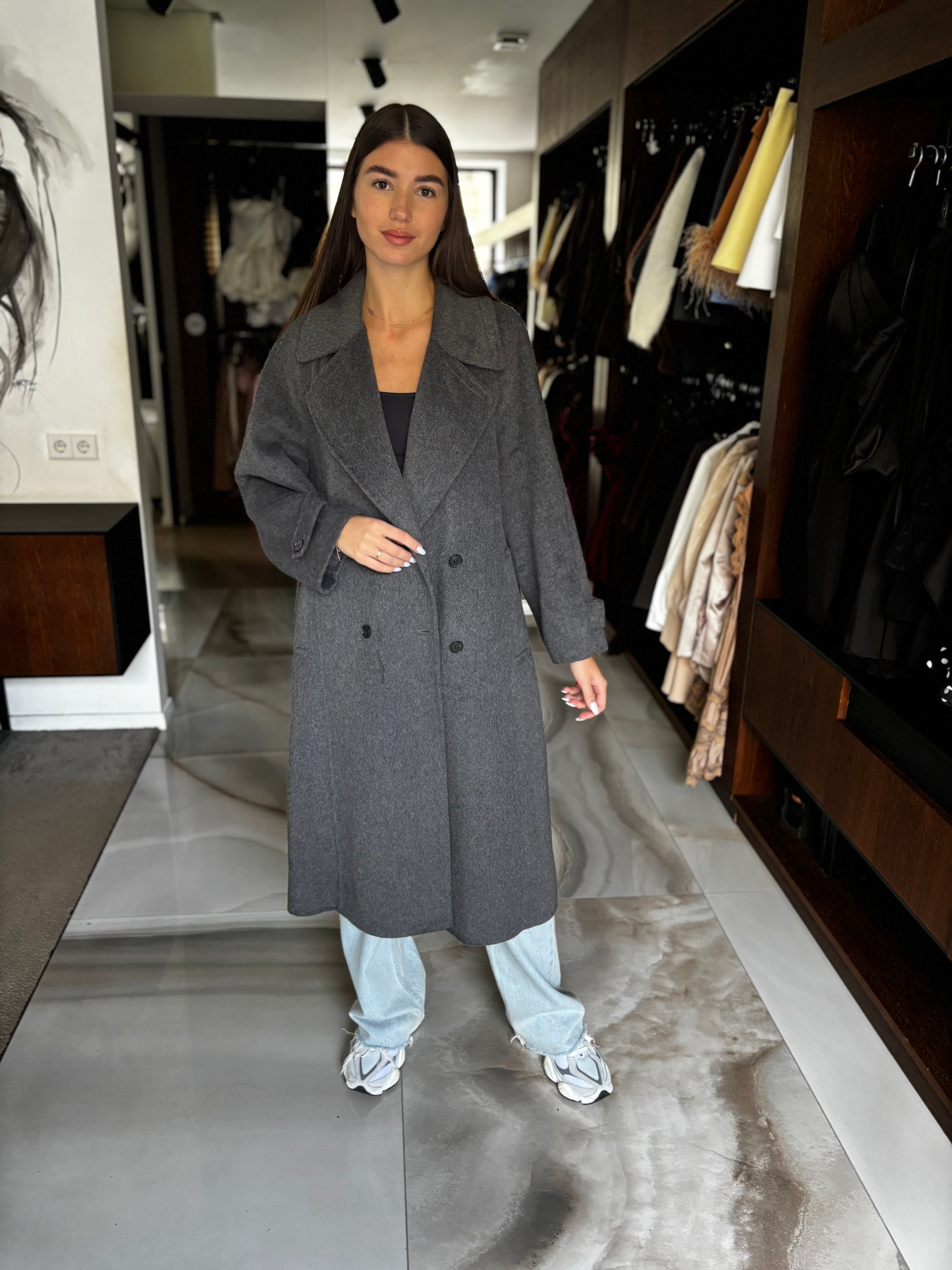 Oversize Dark Grey Wool Coat - BARI